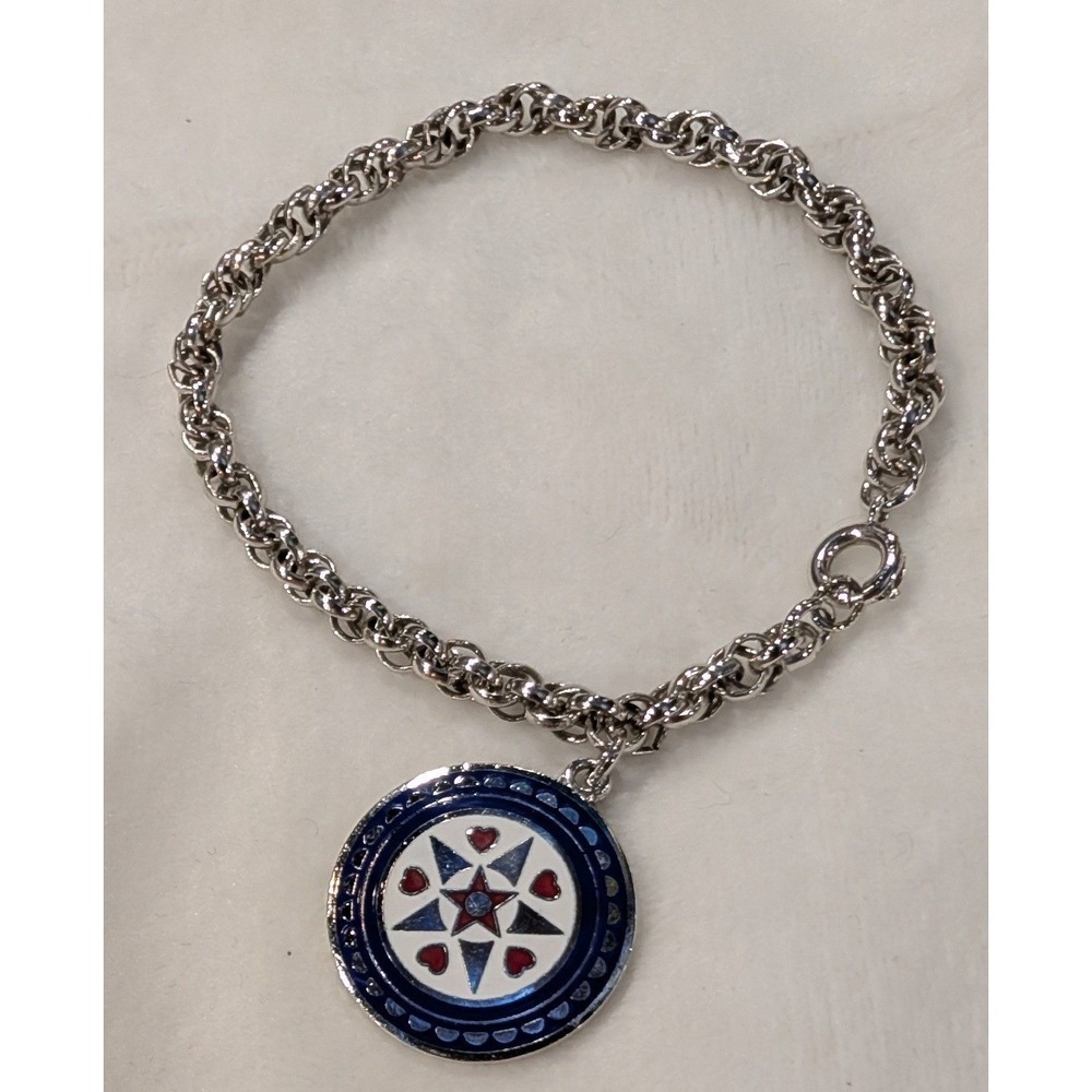 Pennsylvania Dutch Enamel Lucky Stars Love Hex Sign Bracelet Silver Tone 7.5"